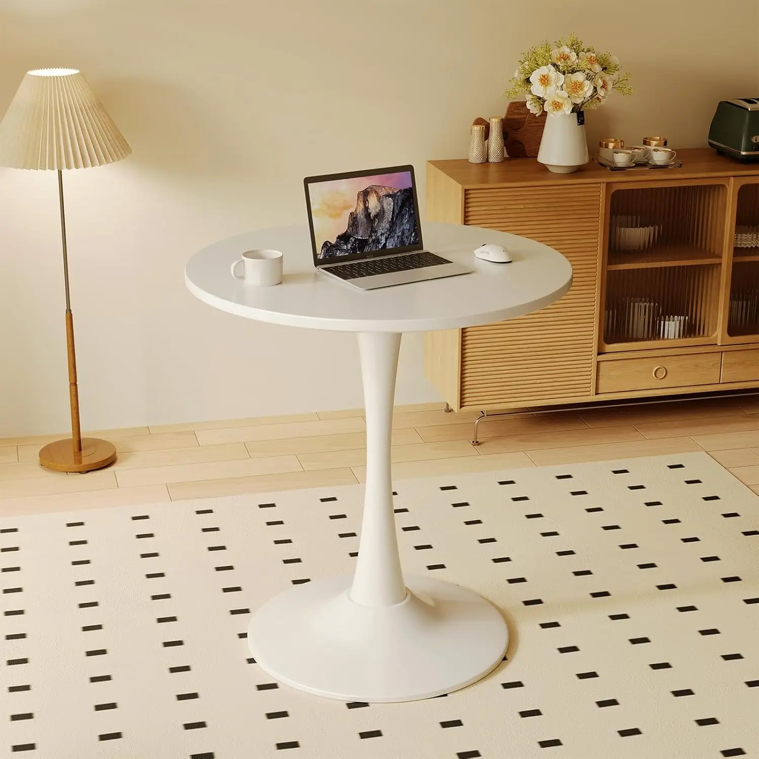 Mesa de comedor redonda blanca para mesa de tulipán pequeña de 2, 24 pulgadas con pedestal de metal para sala de estar, mesa moderna de mediados de siglo