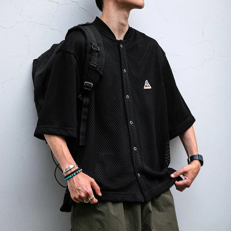 2026 Summer Men Mesh Cardigan Shirt Baseball Collar Snap Button Hollow Breathable Short Sleeve Trendy Streetwear Casual Tops