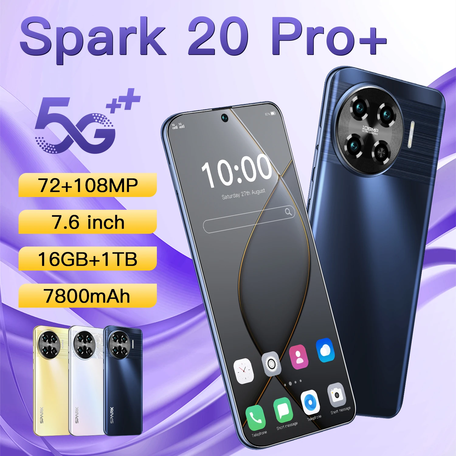 

Global Version Spark 20 Pro Smartphone 5G 7.6" HD 7800mAh Snapdragon 8 gen3 108MP Android Cell Phone Mobile Unlocked celulares