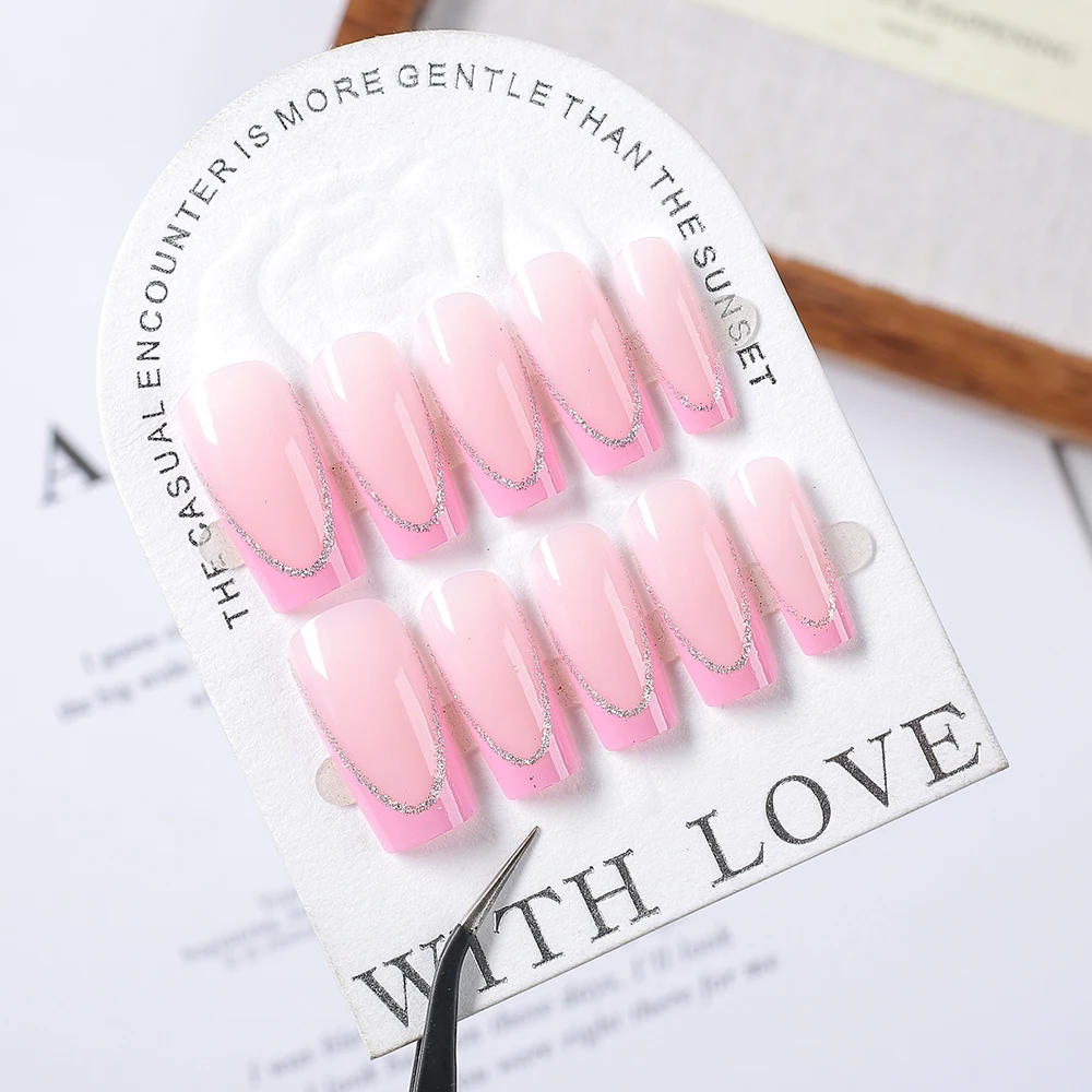 24枚入り グリッターロングバレエピンクフレンチつけ爪 キラキラハートラブアクリルプレスオンネイル フルカバーピンク装着可能フェイクネイル #