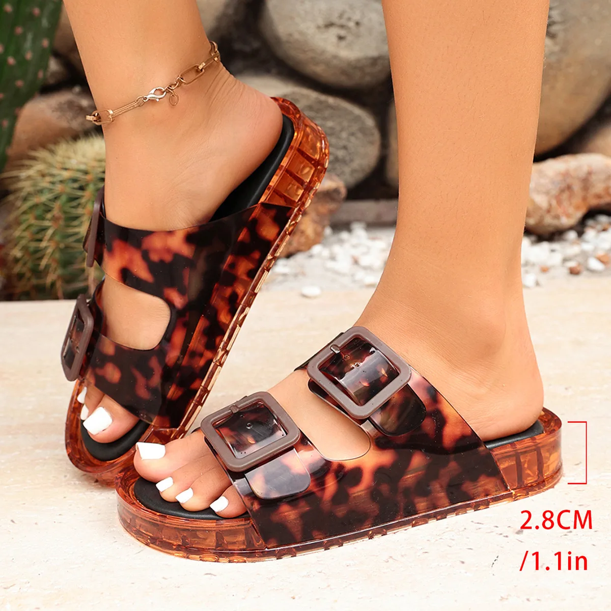 2026 Neue Damen-Leoparden-Jelly-Sandalen mit Doppelschnalle, Dicker Sohle, Rutschfest, Atmungsaktiv, für Outdoor und Strand, Modische Slides – Detail 11