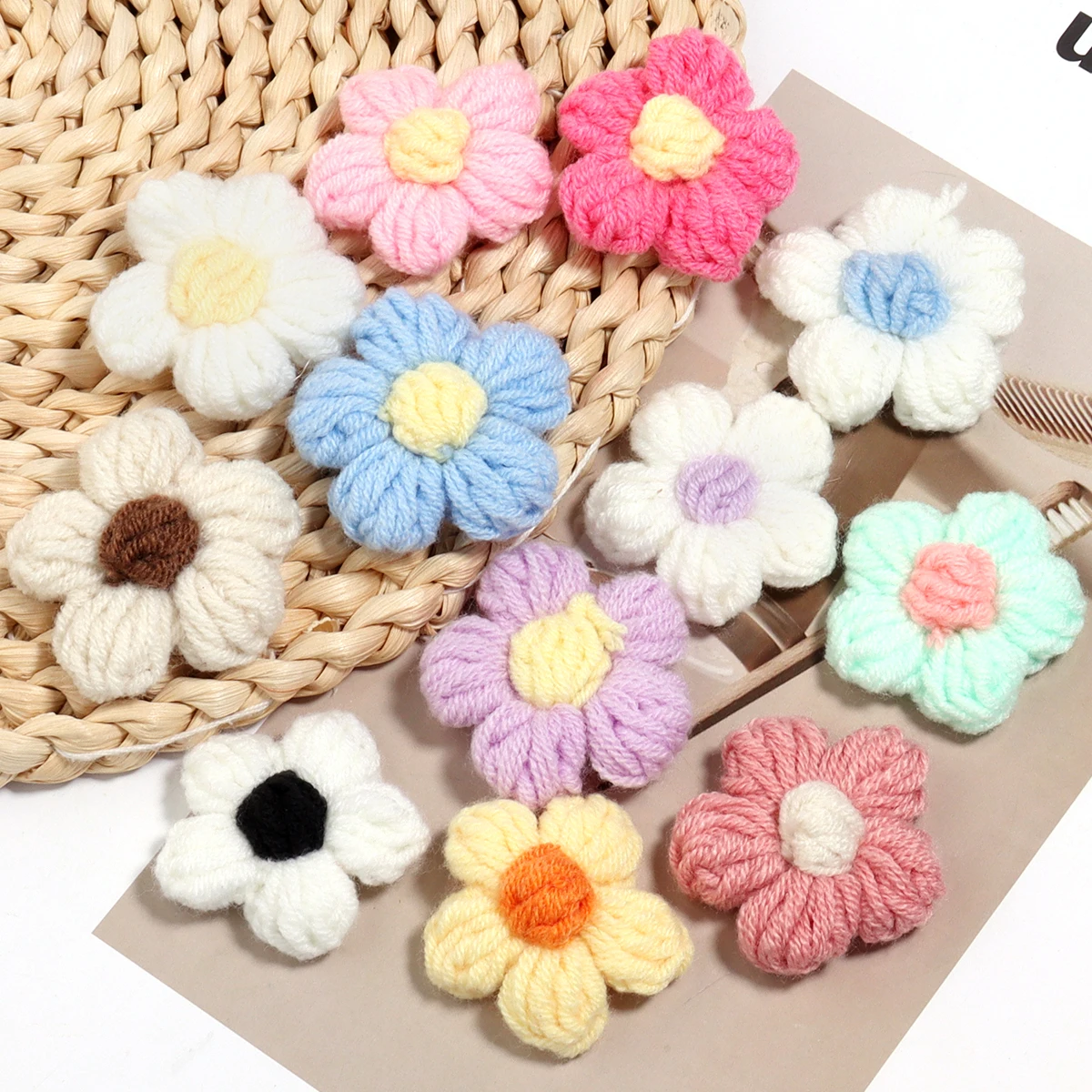 10pcs/lot Woolen Flower Hand-knitted Accessories For Puff Flower Patches Clothing Bag Shoes DIY Handmade Crafts Hair Clip Decor