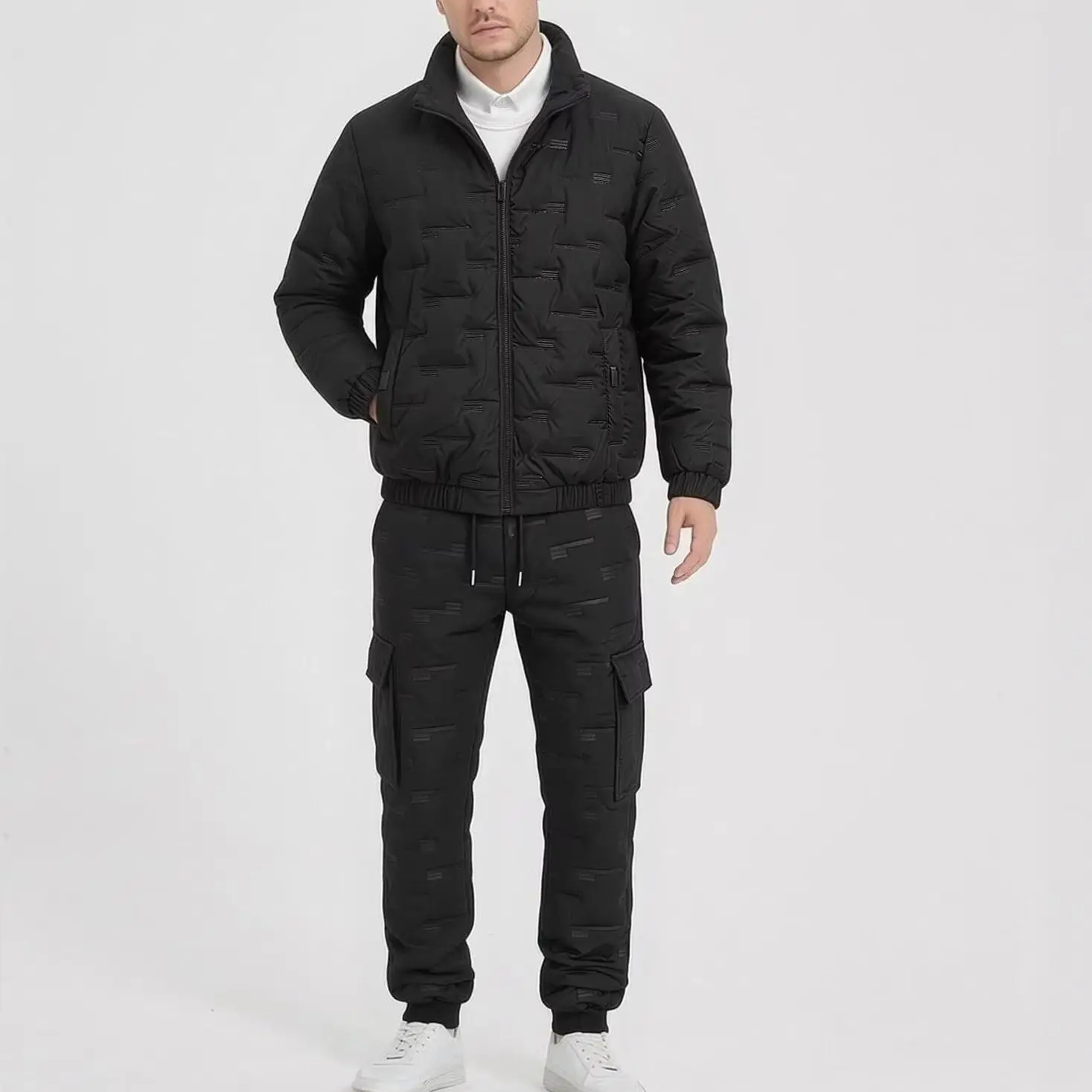 Traje acolchado de 2 piezas para hombre, chaqueta con cremallera y cuello alto, pantalones cargo de algodón, conjunto informal cálido y resistente al viento para invierno