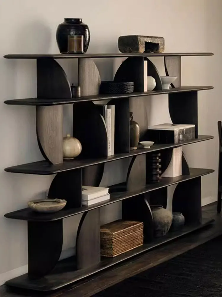 Solid wood, black floor-to-ceiling wabi sabi bogu Nordic bookcase, showing the living room Duobao grid screen