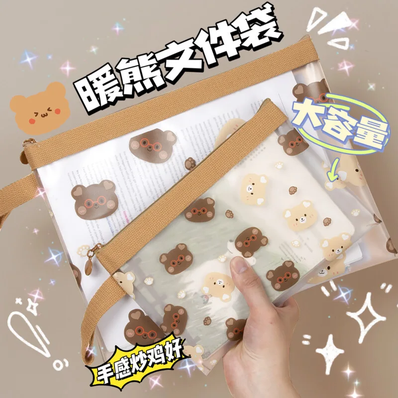 Cute Bear Stationery Storage Bag Kawaii Transparent Large Capacity File Folders Organizer Document Bag A4 A5 Cosmetic Makeup Bag