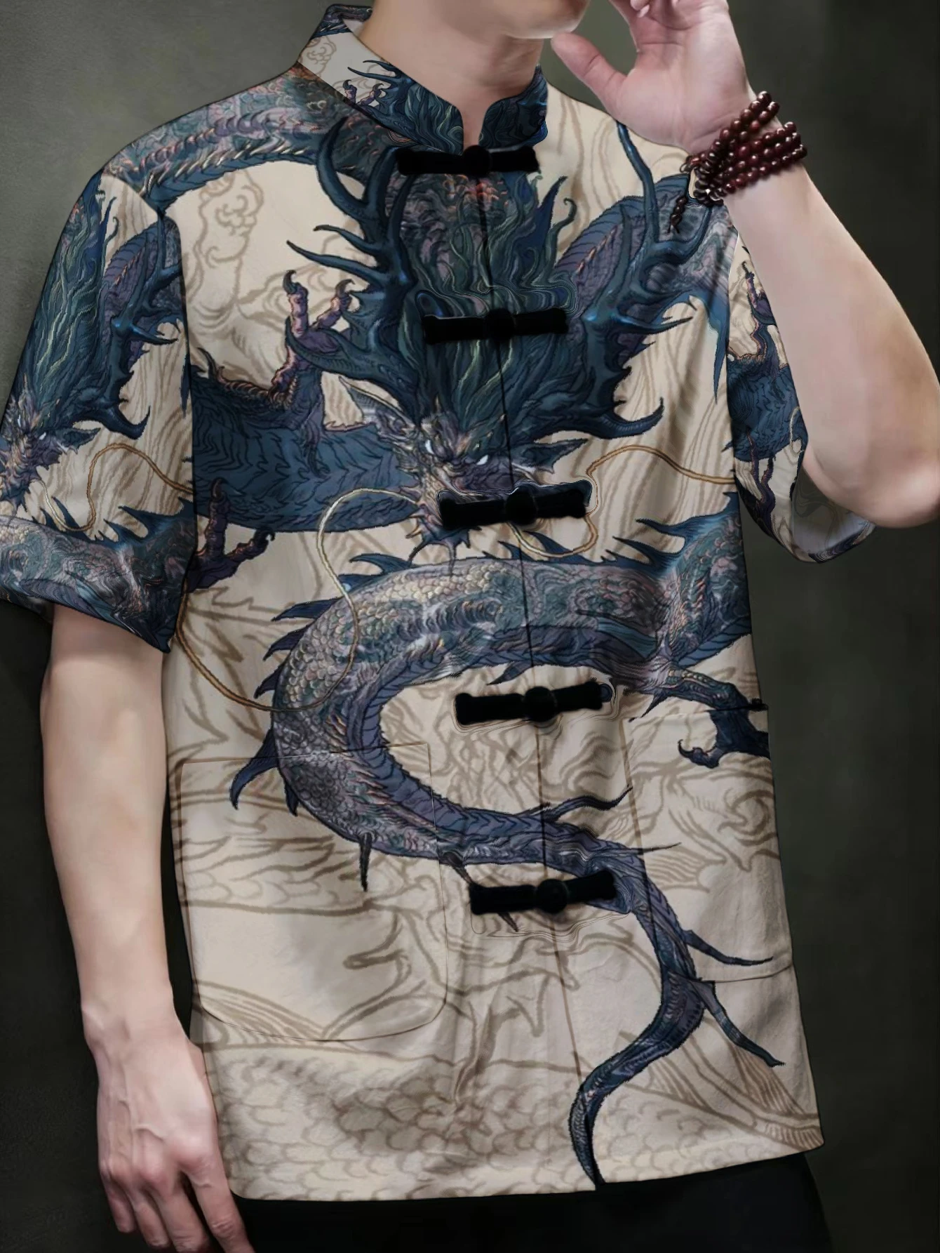 Men Mandarin Collar Frog Button Short Sleeve Shirt Retro Oriental Full Print Casual Outer Top With Dual Side Pockets