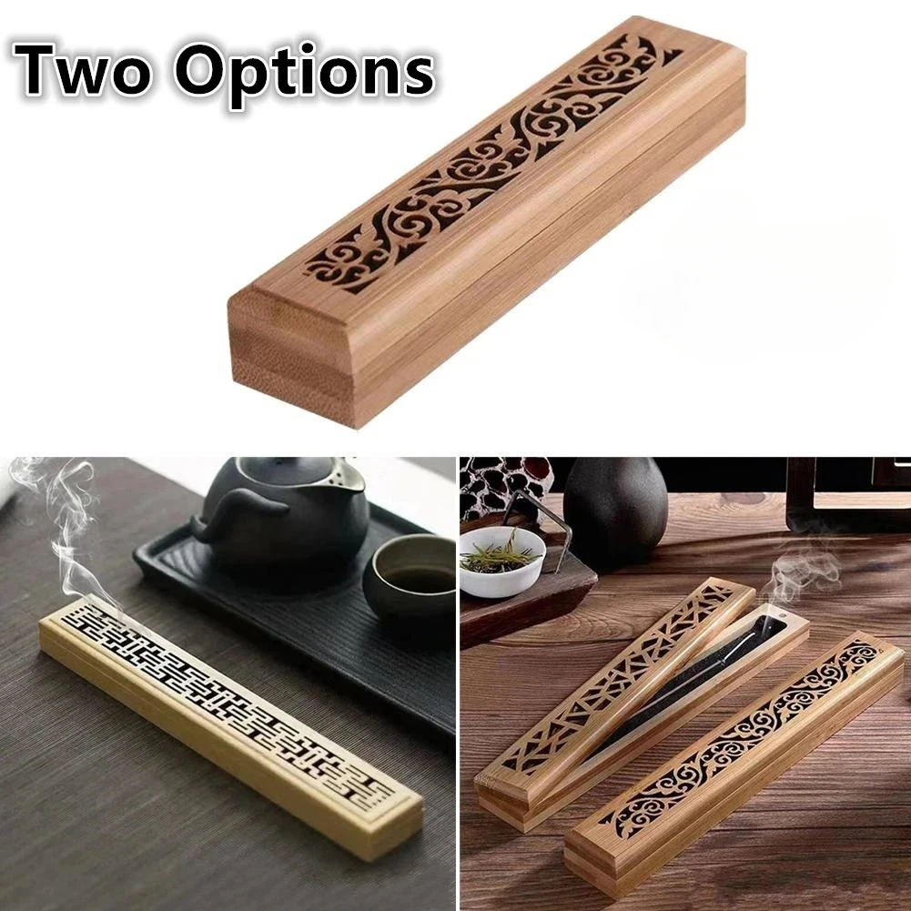 Natural Bamboo Incense Burner With Laying Plate Aromatherapy Wooden Box For Incense Storage Burning Hollowed Line Incense Box