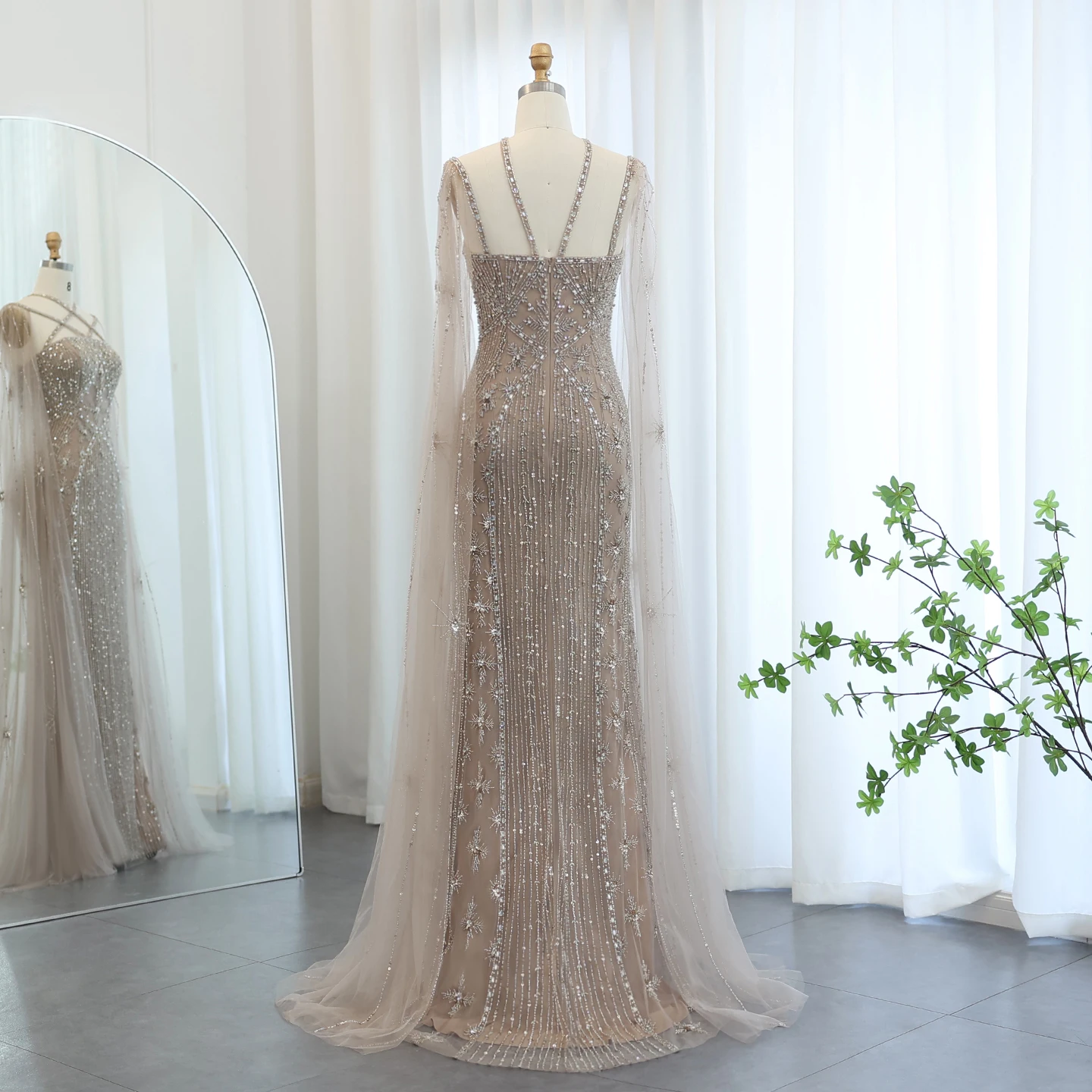 Sharon Said Dubai Champagner Meerjungfrauen-Abendkleider mit Cape-Ärmeln Aqua Criss Cross Flieder Hochzeits-Partykleid SS391 Maßanfertigung – Detail 24
