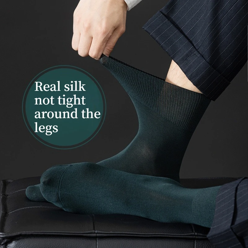 Men's Real Silk Business Dress Socks,Non-Tight Top,Breathable,Soft,Dark Green,for Office,Wedding,Formal Wear Mens Socks