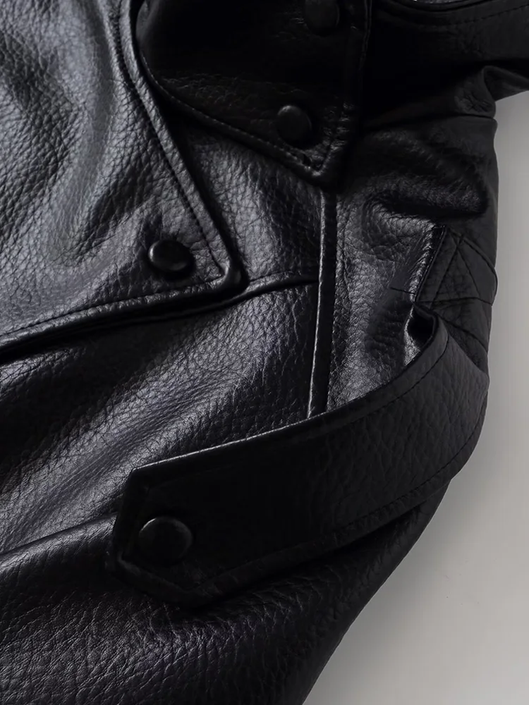 Women's Fashion Faux Leather Oversized Jacket Long Sleeve Front Zipper Chic Outerwear Female Tops