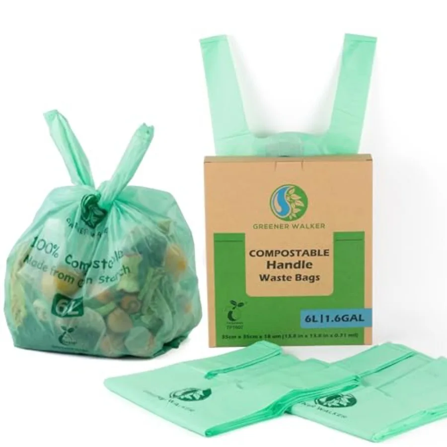 

100% Compostable Trash Bags with Tie Handles, 1.6 Gallon-150Bags, Food Scrap Kitchen Waste Bags with EN13432 Certified