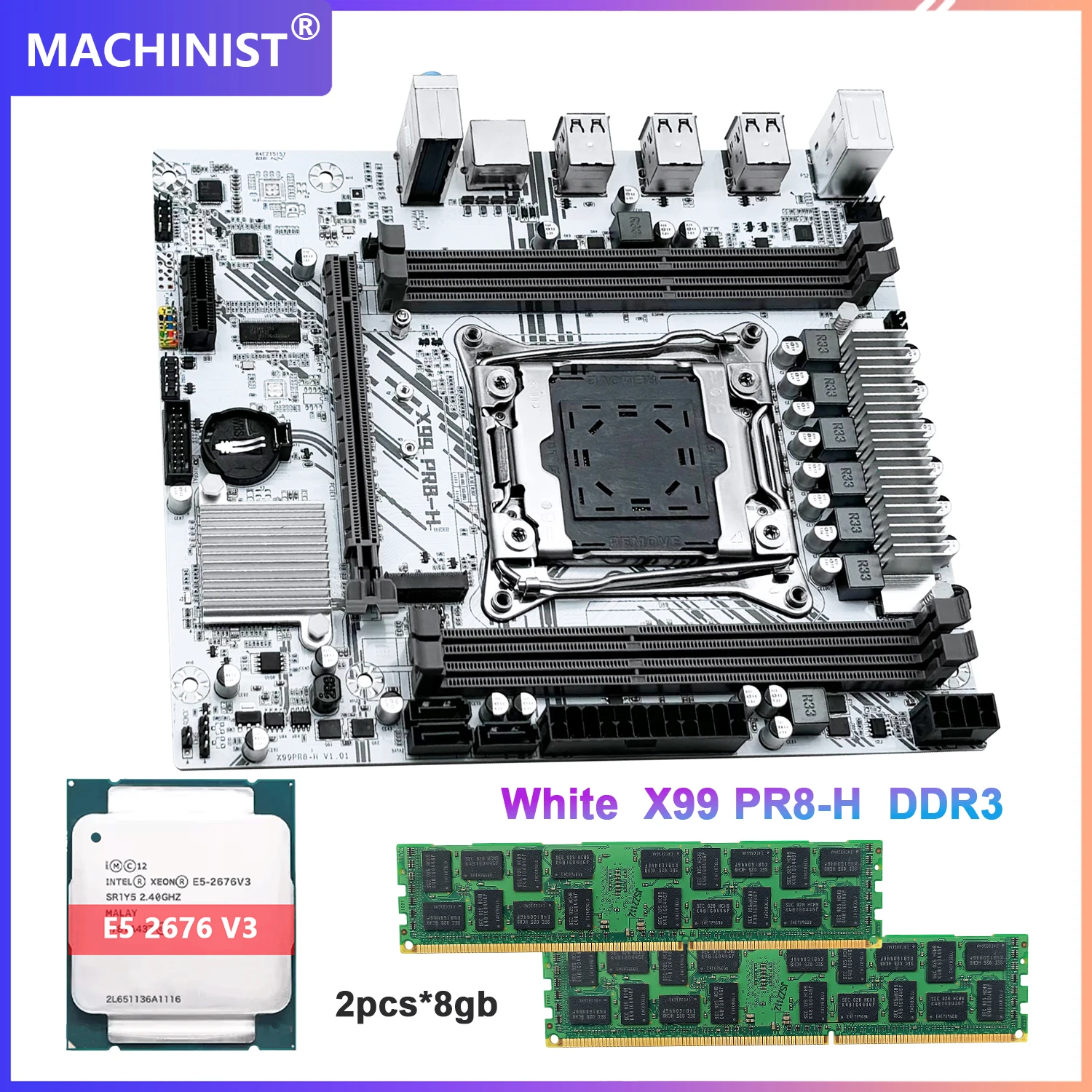 Kit de Placa-Mãe MACHINIST Branca PR8-H X99 LGA 2011-3 com Processador Xeon E5 2676 V3 e 2pcs*8GB=16GB de Memória RAM DDR3 NVME/SATA M.2
