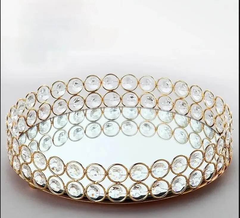 Acrylic Mirror Metal Storage Tray Round Shape Decorative Plate Bowl Display Stand Dessert Cake Pan Tea