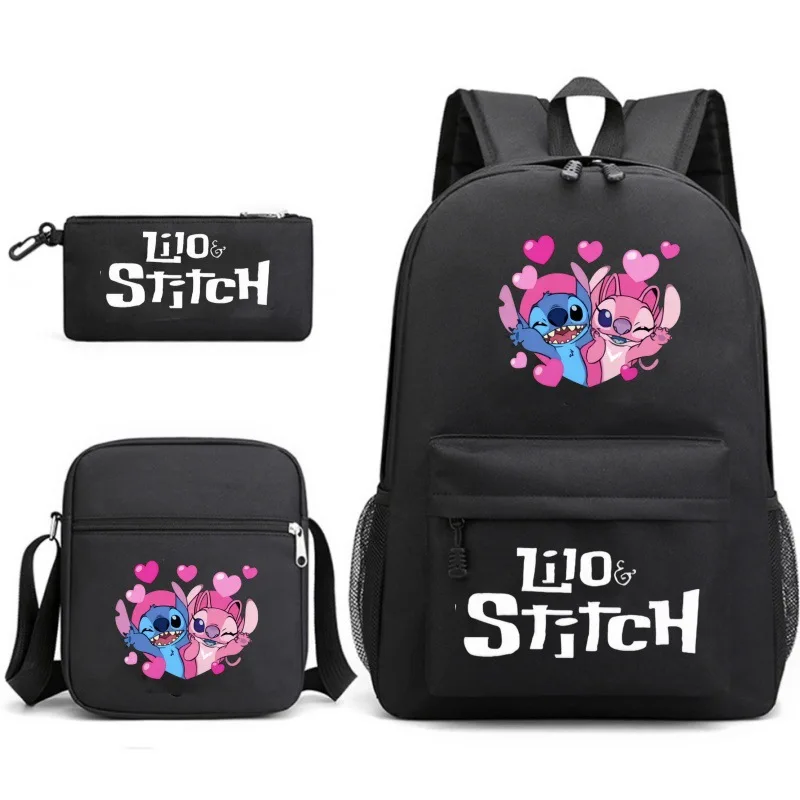 3PC-SET MINISO Disney Lilo and Stitch Stitch Backpack Shoulder Bag + Pencil Bag Black Student School Bag Fashion Accessories