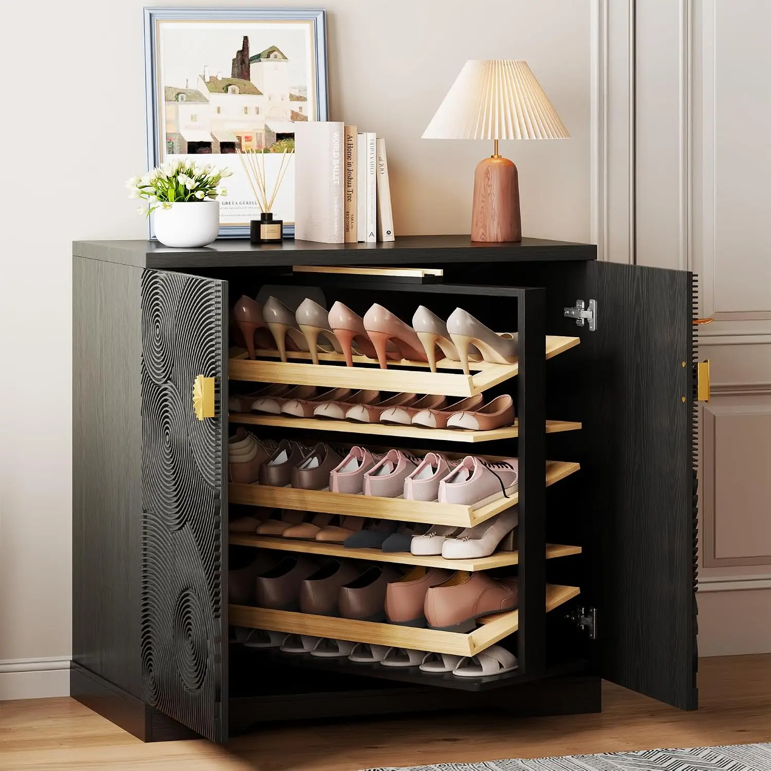 Shoe Cabinet 6-Tier Rotating Shelves 18 Pairs Freestanding Pull-Out Rack Wooden Entryway Hallway Closet, Customized