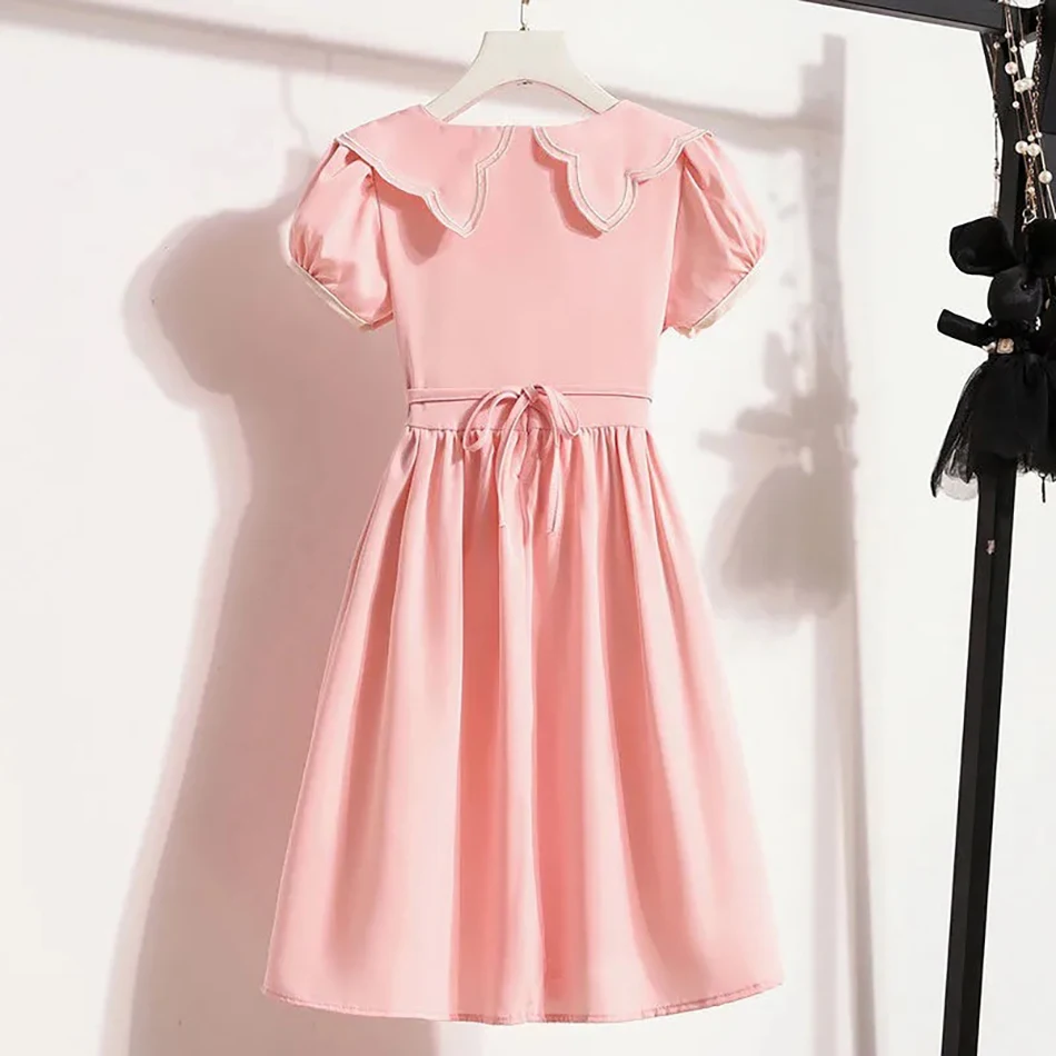 Girls Summer Trendsetting Turn-Down Collar Solid Color Dress Girls Short Sleeve Casual Dresse Family Gatherings Party Dresse