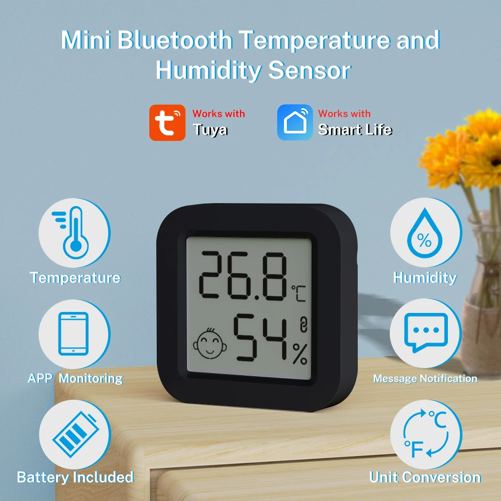 TUYA Smart Home Temperature Humidity Automation Sensor Mini LCD Display Bluetooth-Compatible APP Home Monitoring Support Alexa