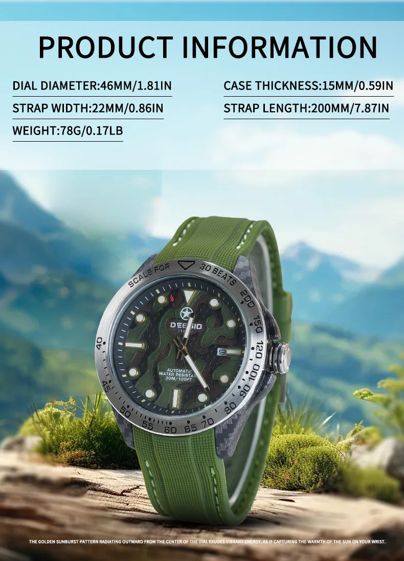 Dessio Men's Automatic Mechanical Watch | Upgrade Carbon Fiber Case Sturdy & Durable About 80g | 30M Waterproof | Luminous Dial | Date & Day Display | Trendy & Elegant Design for Business/Casual/Outdoor | Silicone Green Watch Strap | Lightweight & Sport |