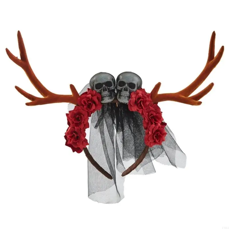 P88A Gothic Skull Headband Halloween Antler Headband Deer Horn Headband Goth Flower Crowns For Women Day Of the Dead Headband