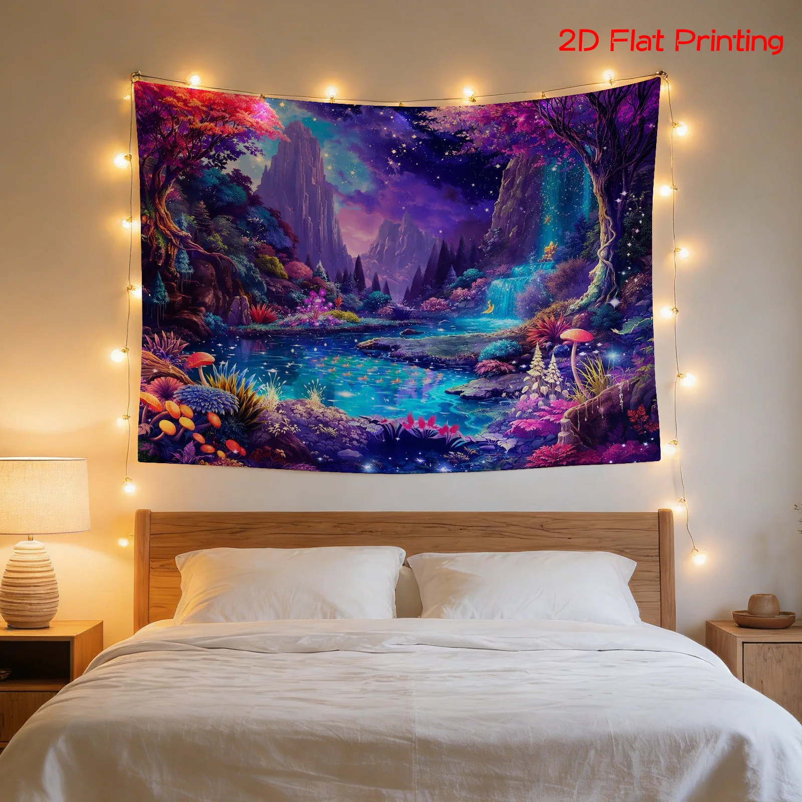 Vibrant Fantasy Landscape Tapestry Wall Art Poster Cosmic Fairy Forest Print Mystical Nature Decor Home Polyester Hanging Canvas