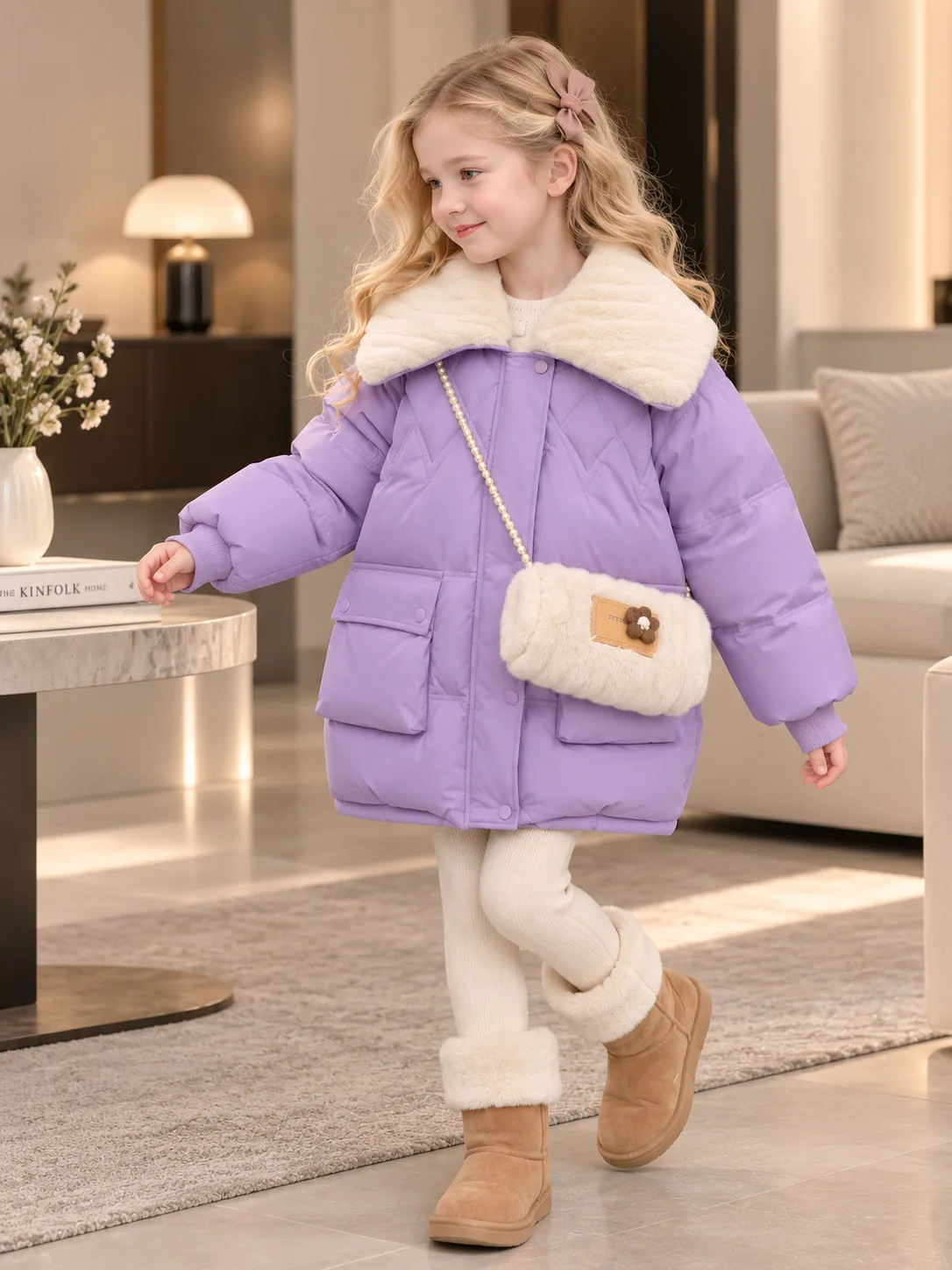 New Girls Winter Cotton Coat with Matching Bag Kids Thick Fleece Padded Jacket Fashion Big Plush Collar Outerwear for 4-14 Years