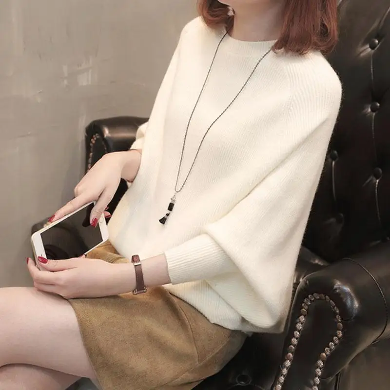 Autumn Winter Knitted Jumper Tops Round Collar Loose Pullovers Casual Sweaters Women Shirt Long Batwing Sleeve Sweater Girl T955