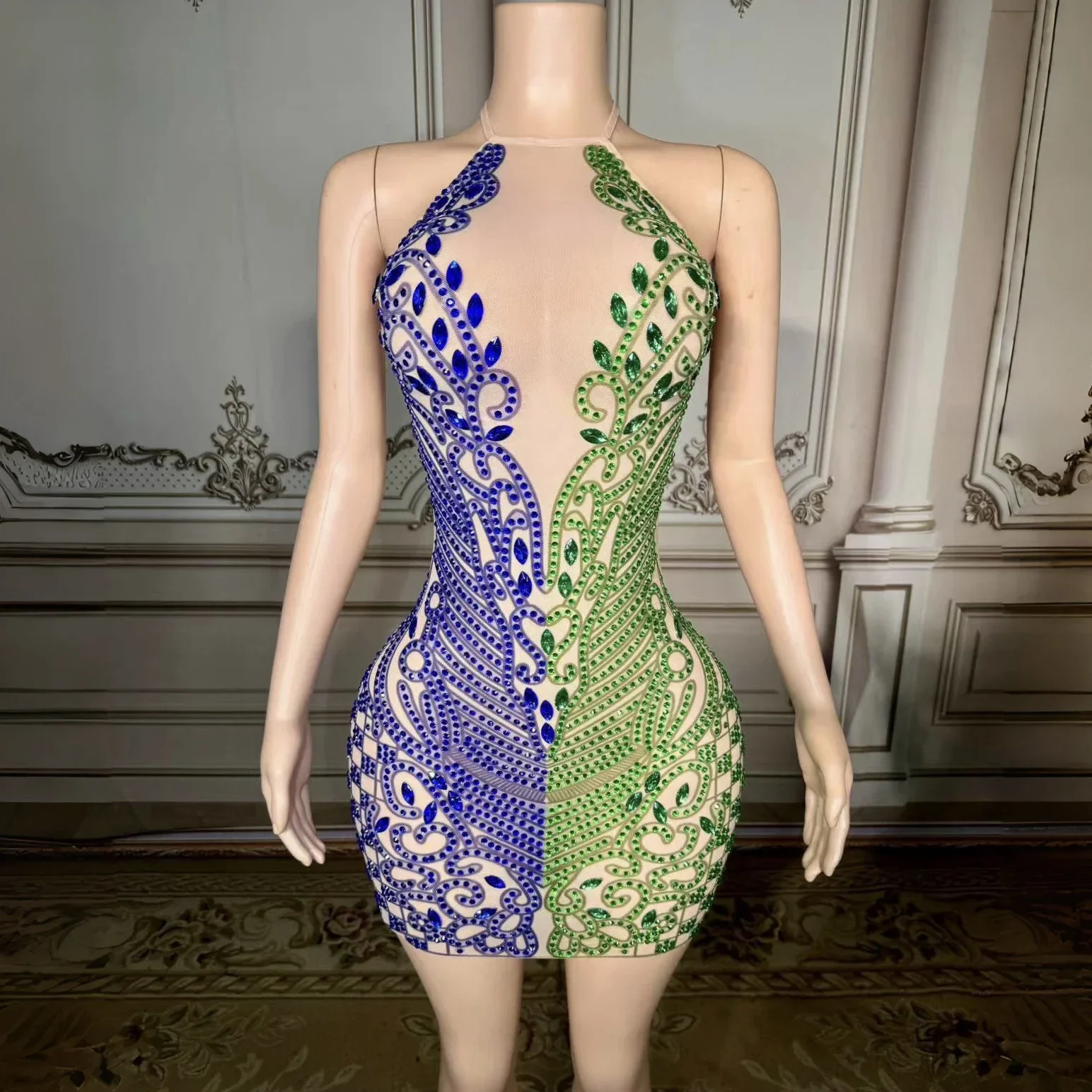 Knipperend Blauw Groen Steentjes Sexy Backless Sheath Mini Dress Optreden Kostuum Bar Nachtclub Zangeres Podiumkleding