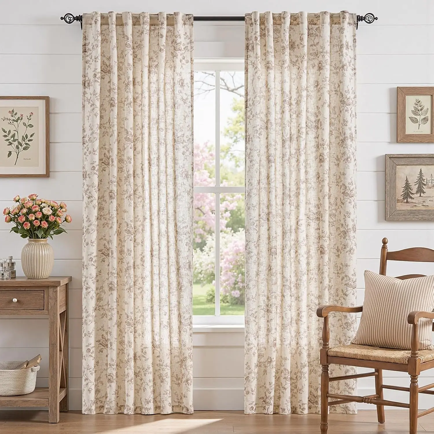 

Amlie Linen Floral Curtains 84 inch Length Curtains for Living Room Bedroom Farmhouse Country Decor Drapes Light Filteri