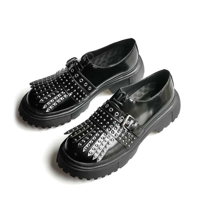 Vintage Rivet Fringe Platform Shoes Shiny Genuine Leather Heavy-duty Tread Sole Trendy Men Punk Casual Daily Walking Shoes