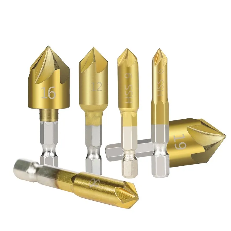 XCAN Hex Shank Countersink Drill Bit 6-19mm Set Titanium Coated 5 Flute Hole Drill 90 Degrees Wood Chamfering Cutter