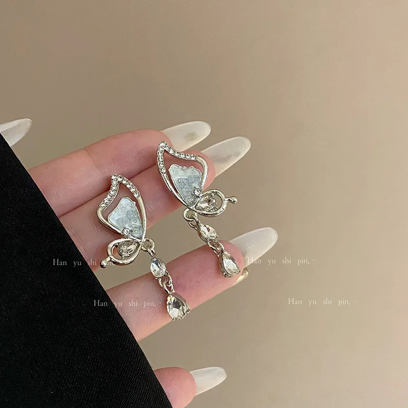 Gradual change blue enamel oil drop butterfly stud earrings niche design high sense water drop pendant earrings