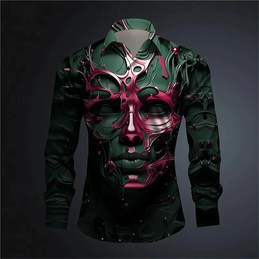 2024 New Men's Spring/Summer Long sleeved Polo Collar Cardigan Shirt Ball Club 3D Mask Printed Comfortable Men's Clothing