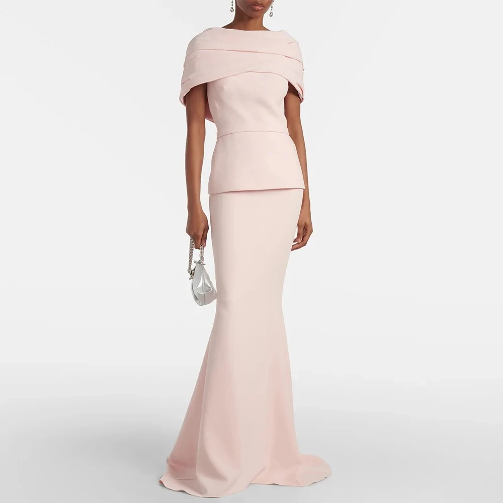 

Pink Arabian Evening Dress Customized Off The Shoulder Pleat Jersey Sweep Train Mermaid Prom Dresses Arabic Formal Party Gown