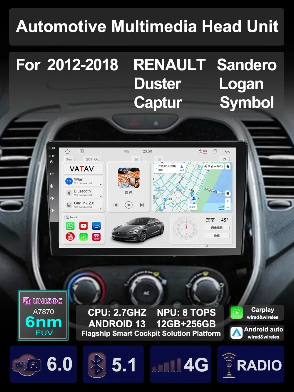 For Renault Duster Symbol Sandero Captur Logan 2012-18 Car Multimedia Voice Carplay Android Auto GPS Navigation Radio Head Unit