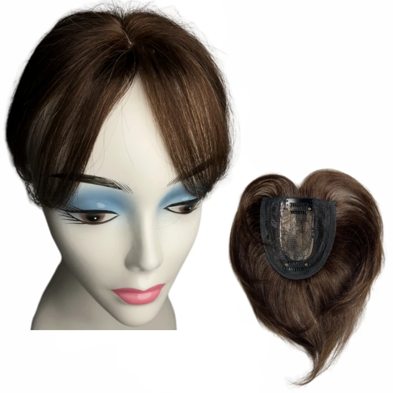 100% Human Hair Topper Toupee Light Thin Clip in Hair Bangs for Women and Men 6 inches Mid Part Straight Hairpieces for Mild