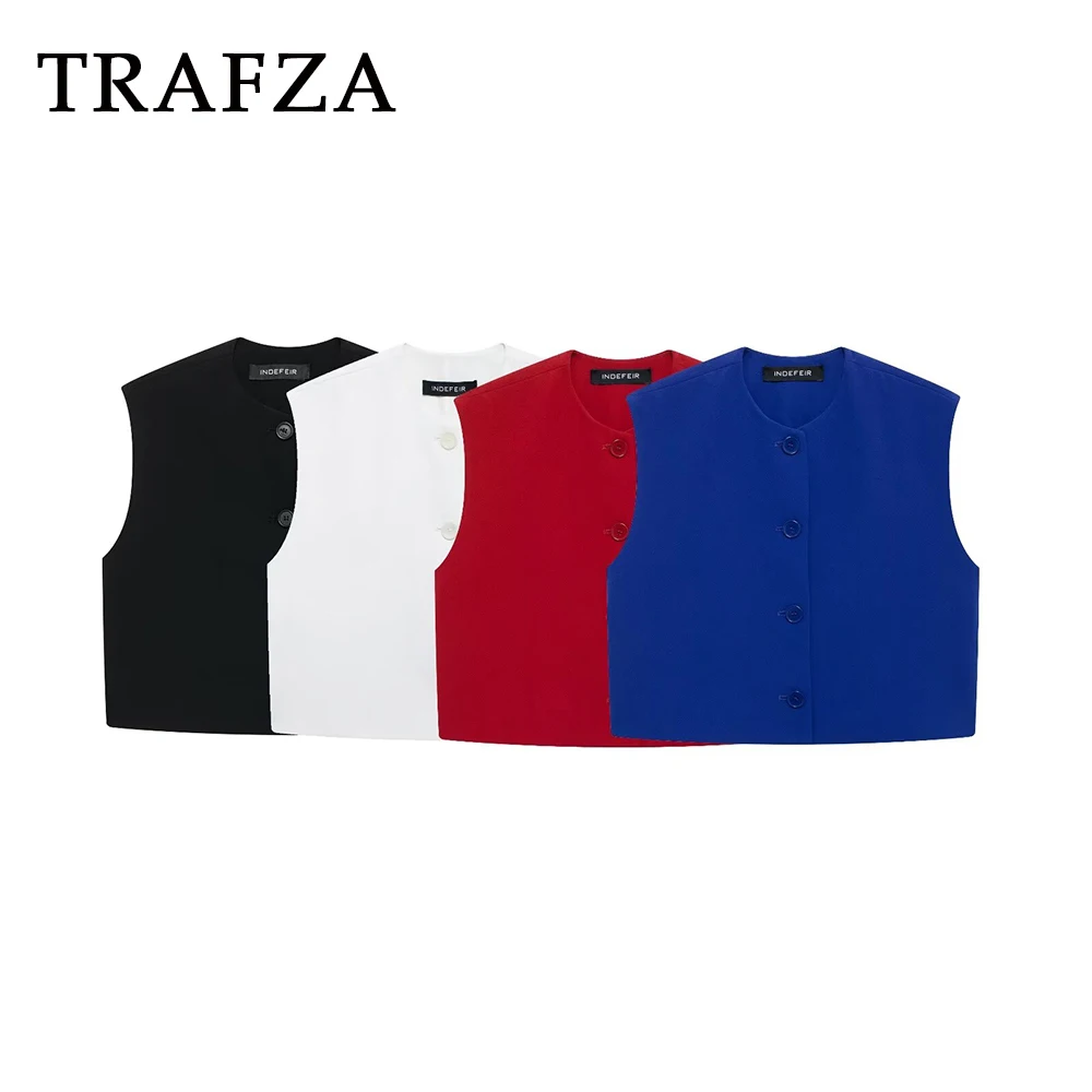 

TRAFZA 2024 Autumn Winter Vintage Women Solid Vest Single Breasted Sleeveless Waistcoat Buttons Fashion Women Casual Vest