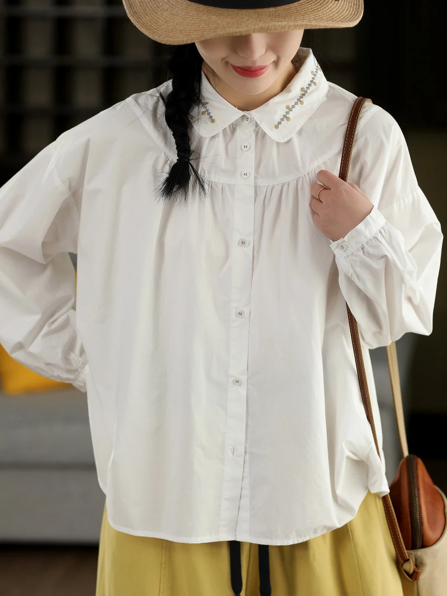 

Artistic Embroidered Long Sve Cotton irt 00% Cotton Breathable Comfortable Spring Forest System White Versatile Top