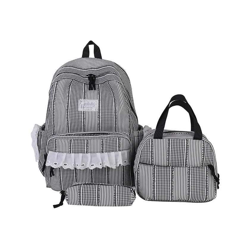 3Pcs Stripe Lace Backpack with Compartments&Lunch Pen Box Trendy Bag Set Cute Lightweight Backpacks Daily Tutoring Bags