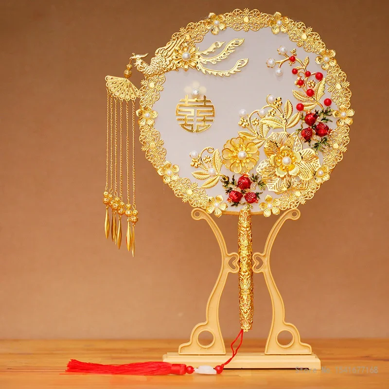 Creative Wedding Bridal Group Fan, Wedding Gift, Handmade Chinese Hand Bouquets Ancient Style Happy Finished Decorative Fan, 1Pc