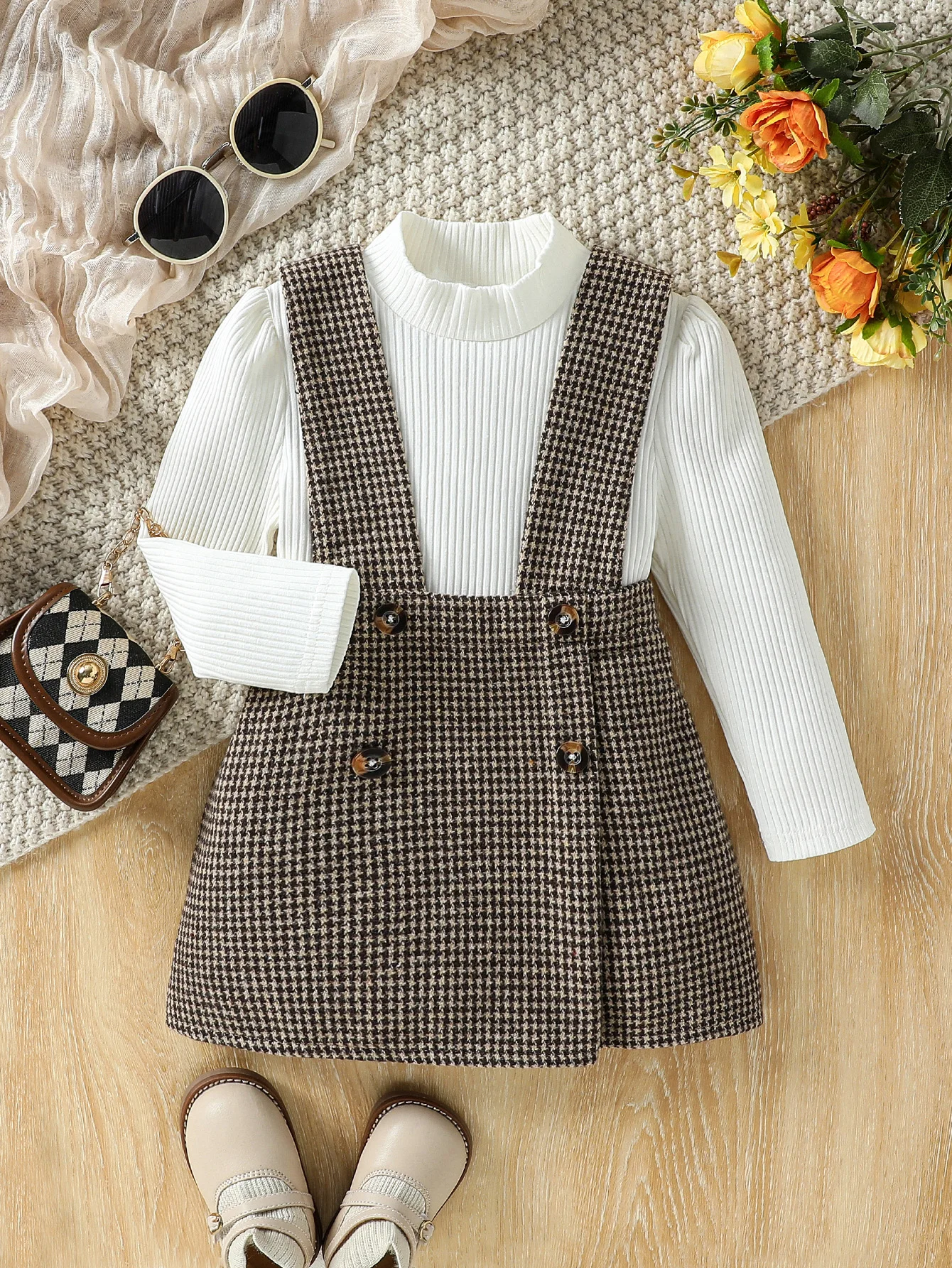2-6 Jahre Kind Mädchen Solide Langarm Top & Plaid Strap Rock Set Mode Nette Alle Spiel Tragen herbst Winter Party Outfit Kleidung – Detail 1