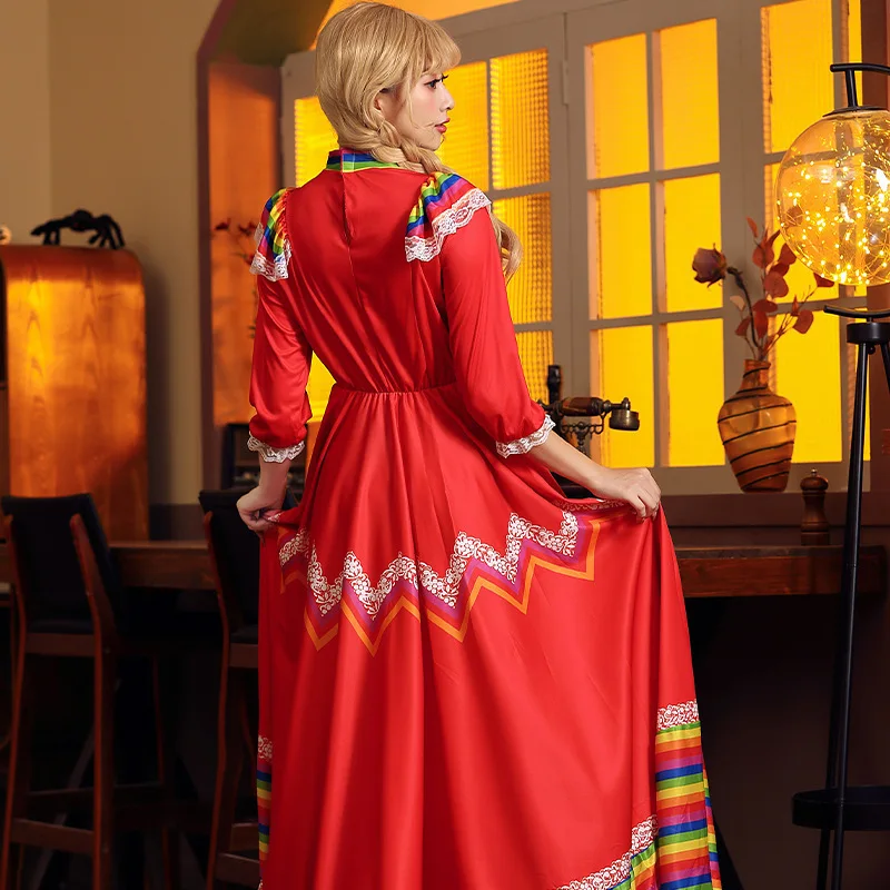 

Multi Color Mexican Dance Costume Flared Skirt Festival Performance Outfit with Headpiece
