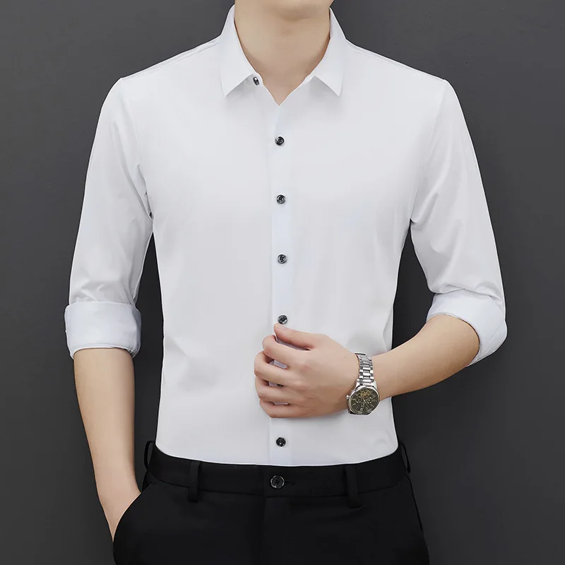 Spring and summer wrinkle-free four-sided elastic men\'s shirt long sleeve formal business casual silk wear free iron