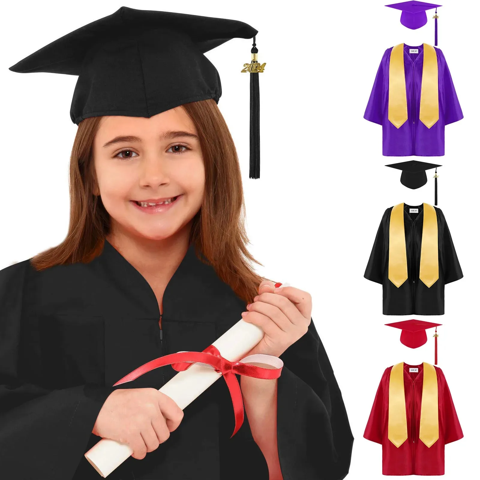 

Children Academic Dress School Uniforms for Kids 2024 Preschool Kindergarten Graduation Gown Shawl Tassel Cap Set