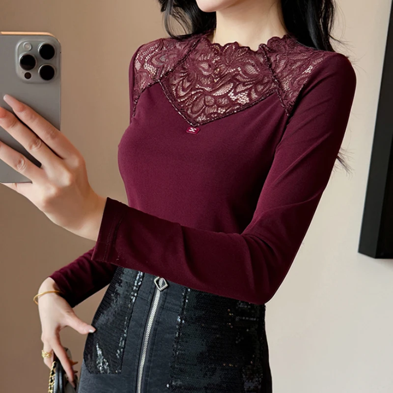 

Корейская мода с круглым вырезом в стиле пэчворк, кружевные топы, весенне-осенняя футболка с длинными рукавами, сексуальная женская рубашка