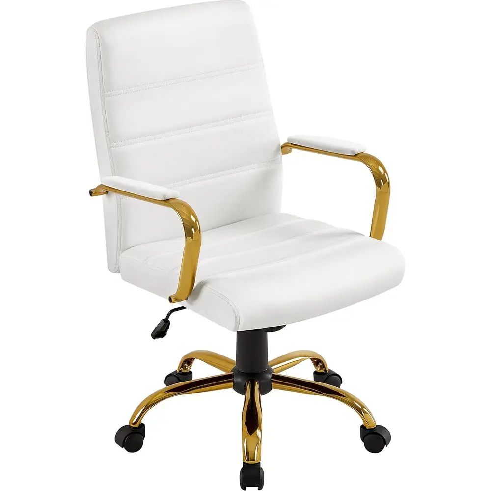 

White Adjustable PU Leather Office Chair with Lumbar Support and Gold Legs