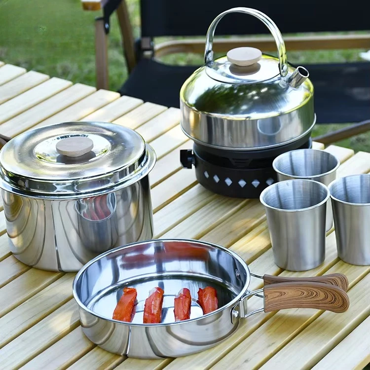 

2-3 Person Portable Camping Equipment Picnic Outdoor Pots and Pans Set Kettle Mug Stainless Steel Outdoor Cookware Set