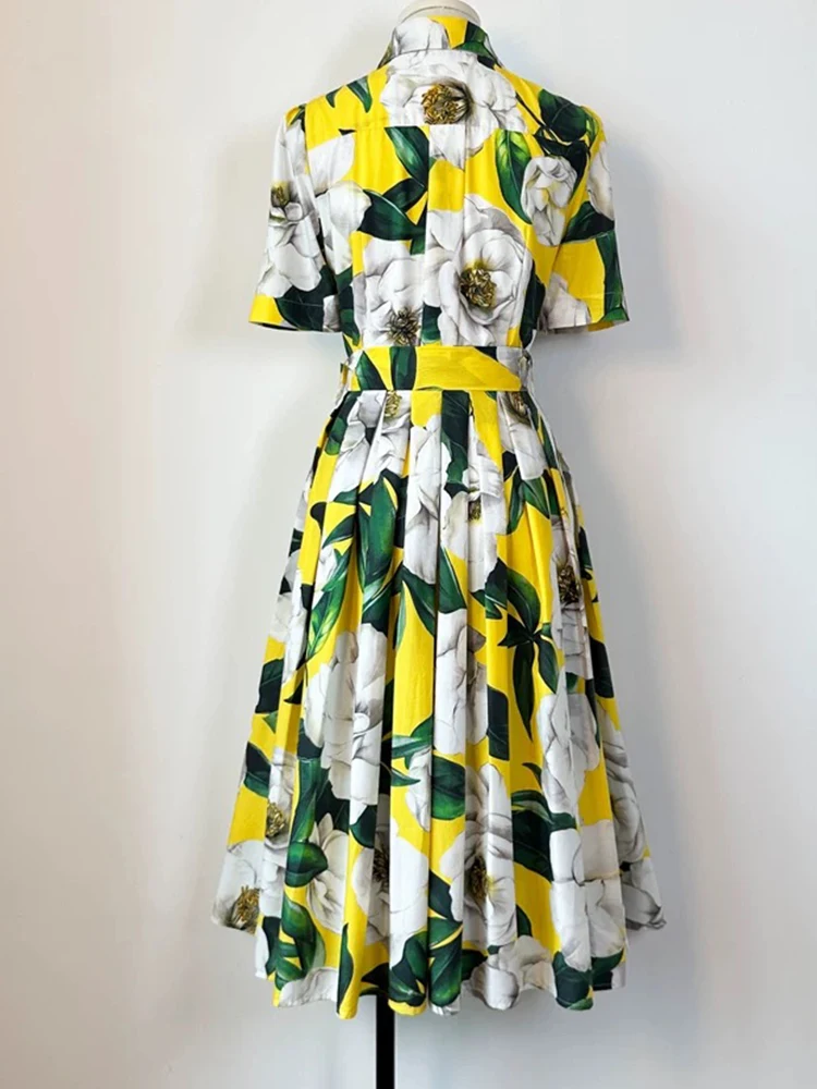 Elegante abito con stampa in vita con cintura a maniche corte 2025 primavera ed estate nuova gonna a camicia lunga altalena monopetto con risvolto da donna