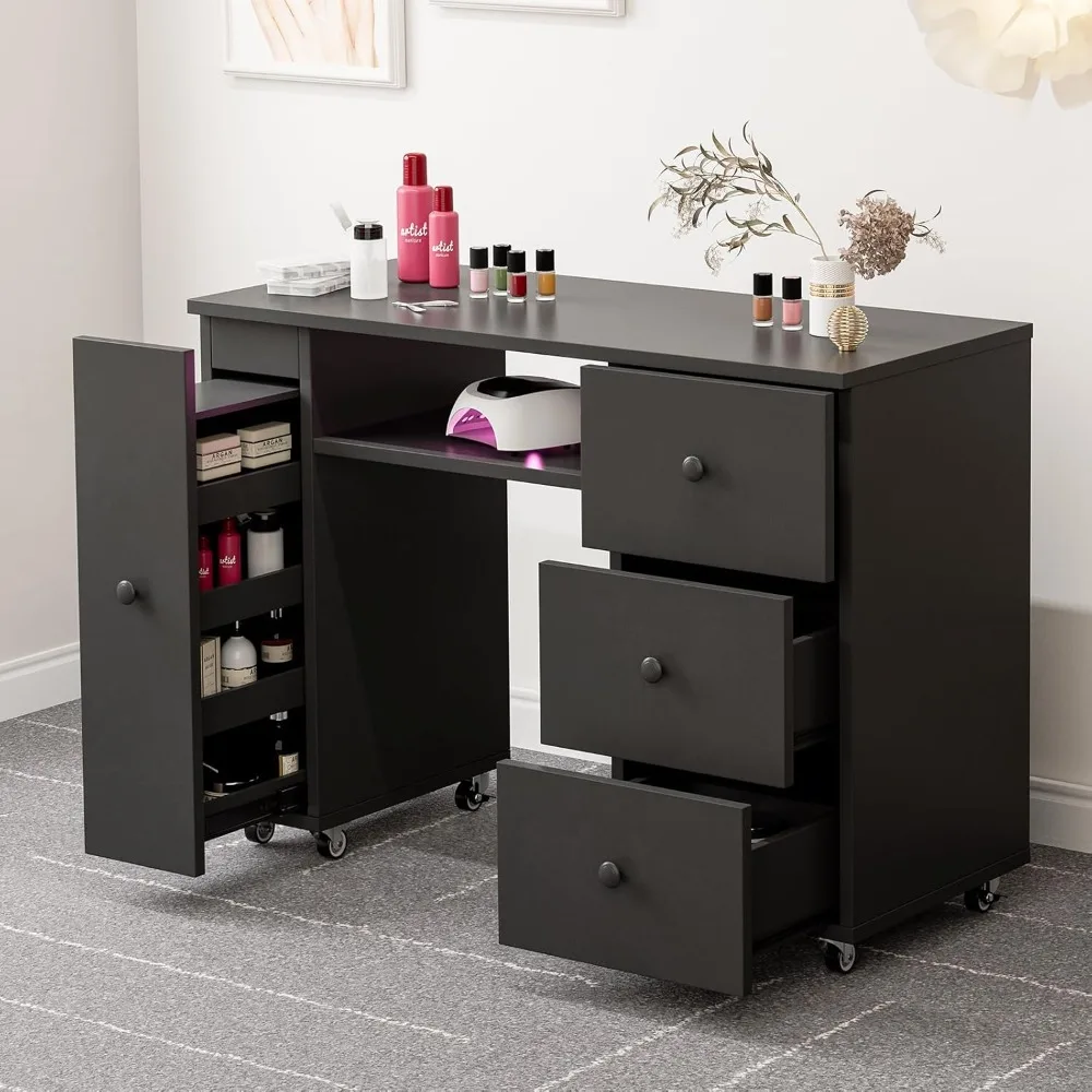 Nail table with 3 drawers and storage cabinet, nail table stand with lockable wheels