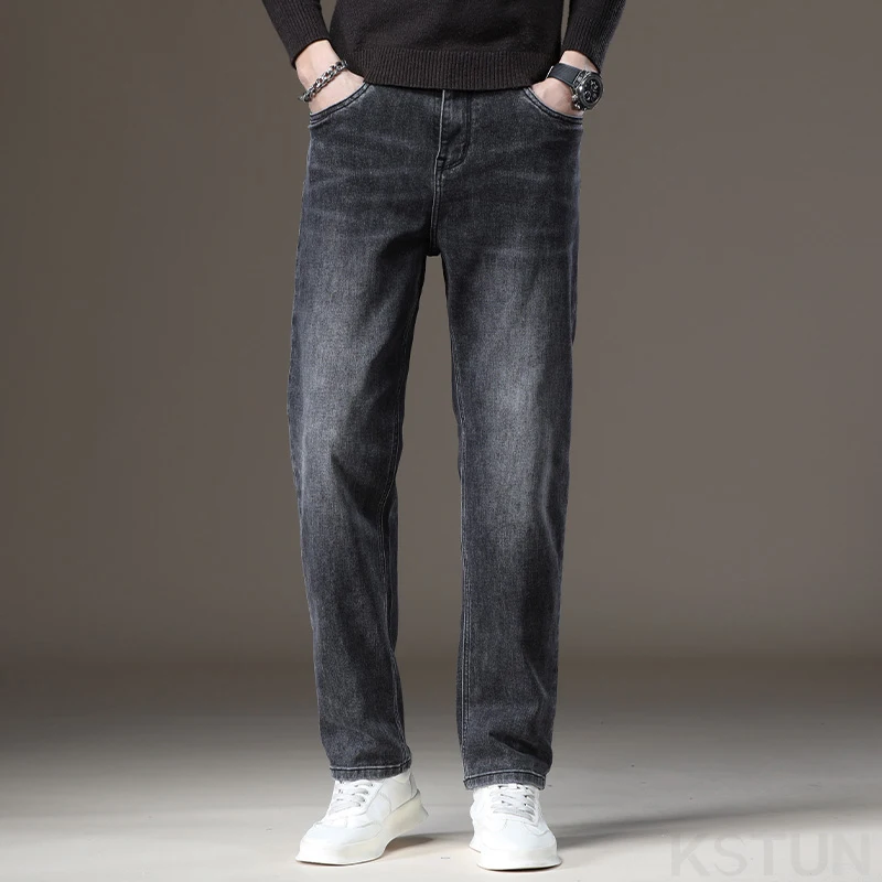 KSTUN Herren-Jeans, Stretch, gerader Schnitt, Basic, Business, lässige Denim-Hose für Herren, Ganzkörperhose, Schwarz, Blau, normale Jeans