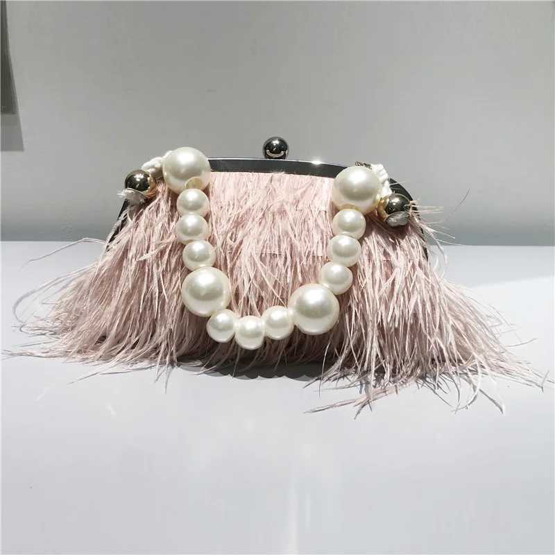 Feather Handbag Women Evening Crossbody Bag Pearl Chain Snake Chain Shoulder Bag Luxury Women Bags Design Party